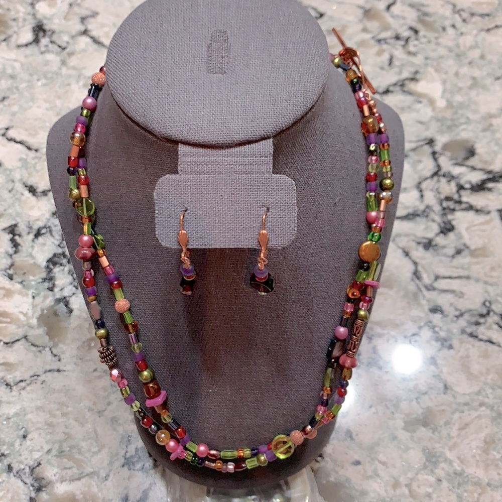 Hand-made beaded necklace and earrings